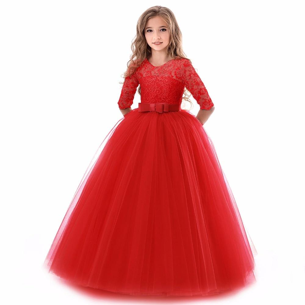 Sommer Langarm Mädchen Partykleid Hochzeitskleid Kinderkleider Für Mädchen Kinder Abend Spitze Prinzessinnenkleid EMA 110cm rot