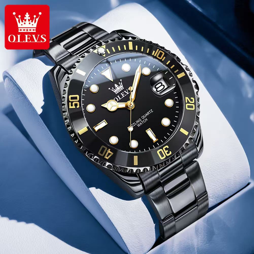 OLEVS 5885 mit Geschenkbox, luxuriöse grüne Wassergeist-Quarzuhr, wasserdichte Herrenuhr, Herrenuhr schwarz