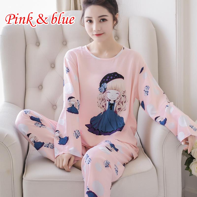 Zweiteiliges Pyjama-Set mit Cartoon-Motiv, niedlich, bedruckt, Nachtwäsche, Nachthemd, langärmlig, Pyjama für Damen, Homewear XL rosa/blau