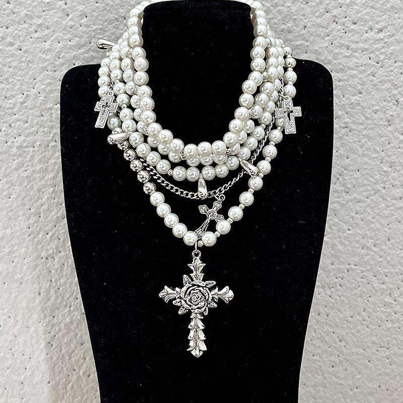 1 Stück personalisierte mehrschichtige Perlenkreuz-Anhänger-Halskette Schlüsselbein-Kette für Frauen Temperament Schmuck Zubehör Geschenke A