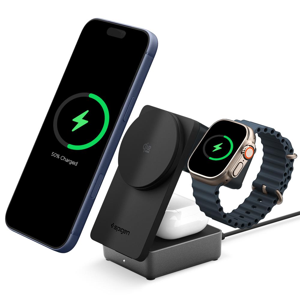 Spigen Essential EF323MQ Qi2.2 25W 3-in-1 Faltbare MagSafe Kabellose Ladestation — Kompatibel mit iPhone, Apple Watch & AirPods (ACH10398)