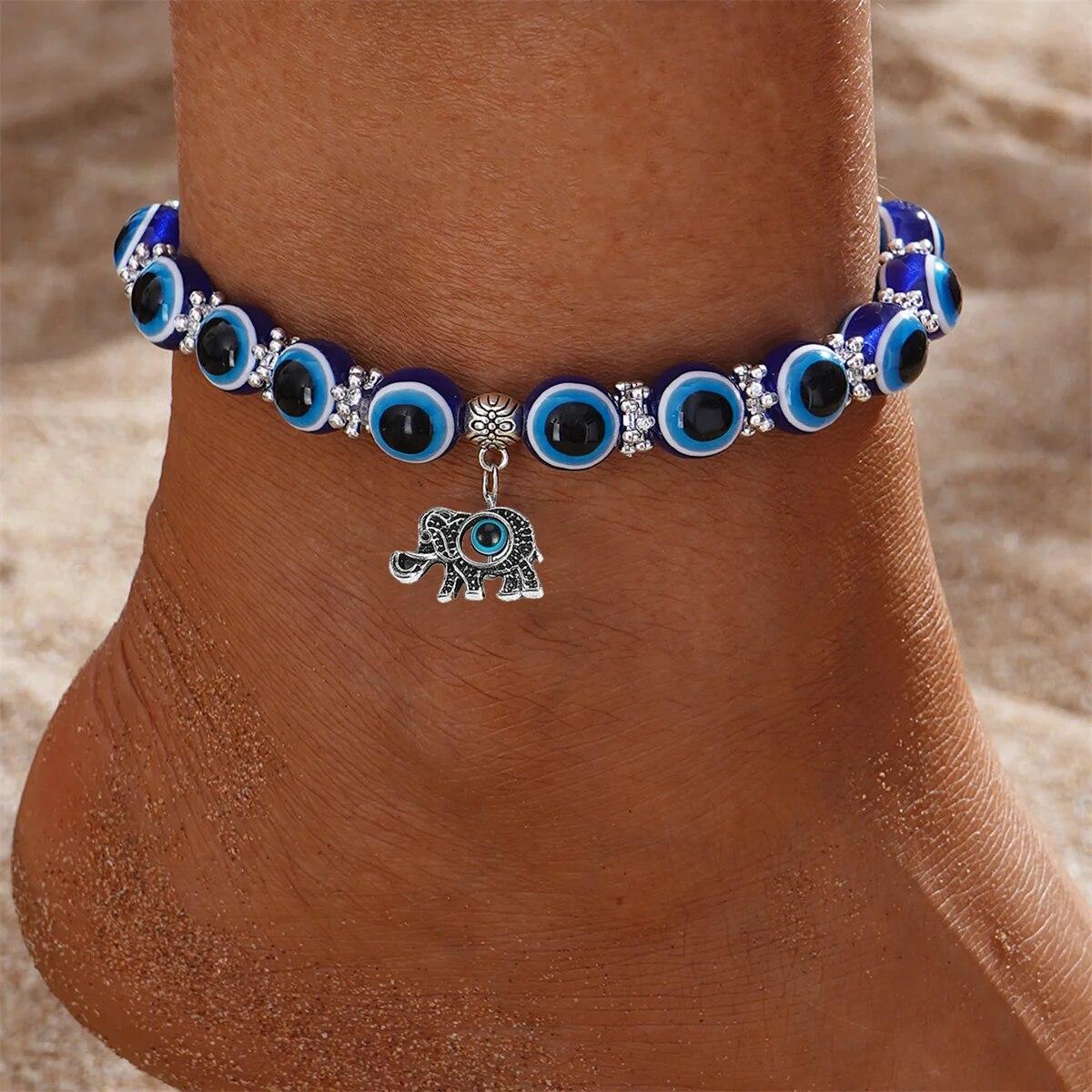 Glück Türkisch Blau Bösen blick Perlen Fußkettchen Für Frauen Hand Schmetterling Elefant Schildkröte Eule Tier Anhänger Knöchel Armband Schmuck