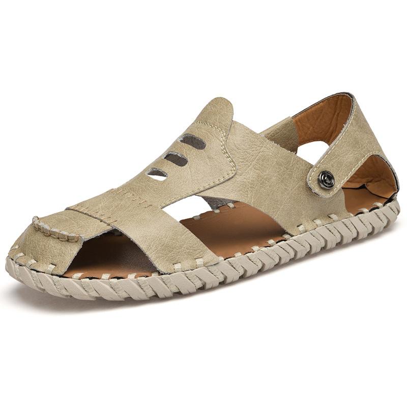 Ledersandalen Herren Sommer Outdoor Rutschfest Verschleißfest Herren Arbeit Zehengeschlossene Hausschuhe Fahren Dual-Use Outdoor Strand-Sandalen 46 beige