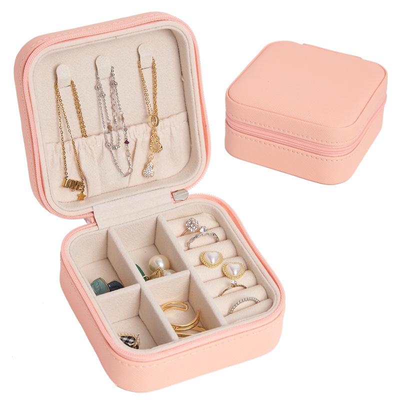 Tragbare Schmuckschatulle, Schmuck-Organizer, Display, Reise-Schmucketui, Boxen, Schmuck-Leder-Aufbewahrung, Reißverschluss, Juwelier-Schmuckschatulle rosa