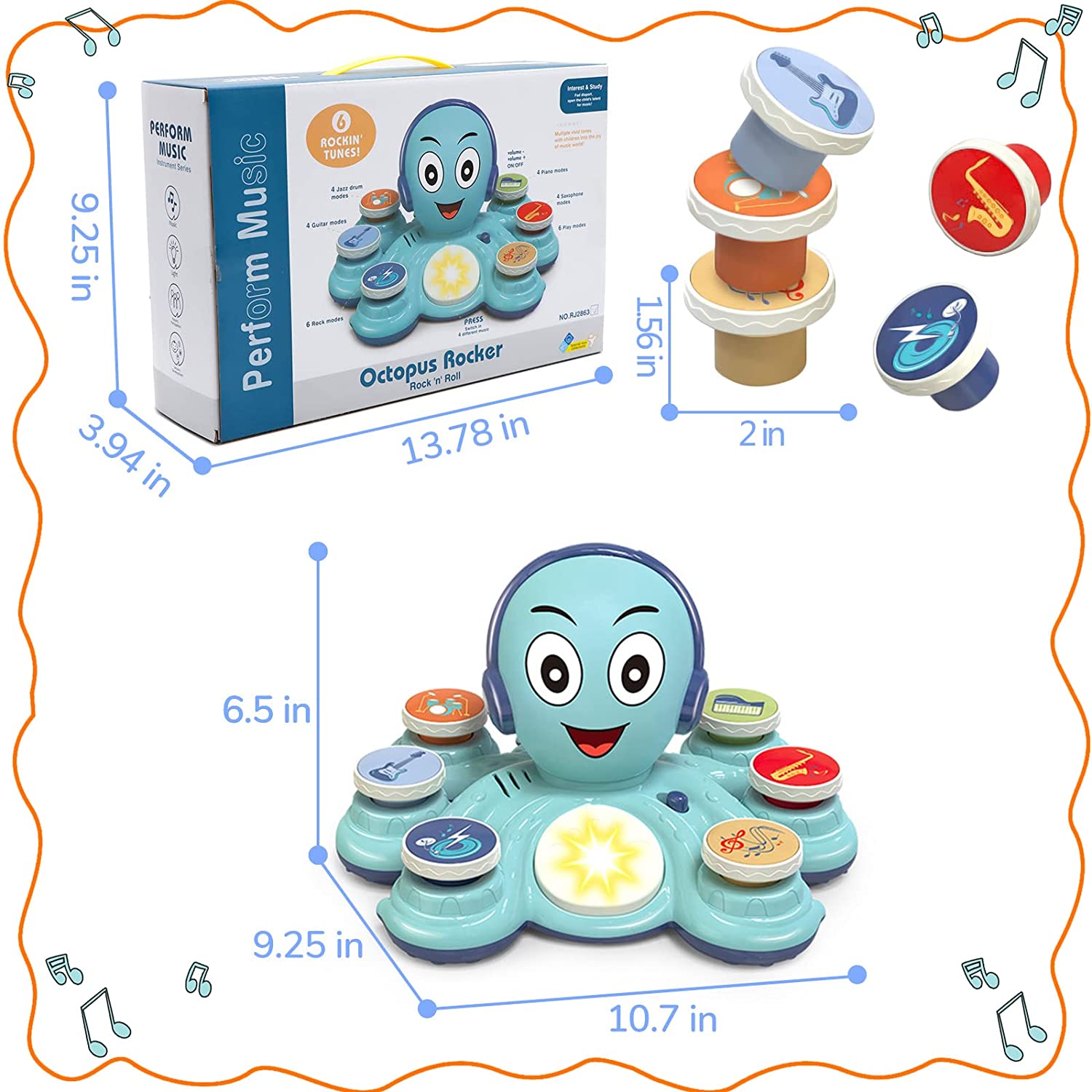 Baby-Einstein-Spielzeug, Oktopus-Musikspielzeug für Kleinkinder, Babyspielzeug ab 18 Monaten, musikalisches Lerninstrumente-Spielzeug für Vorschulkinder, Beethoven-Spielzeug 27.3x23.5x16.5cm blau