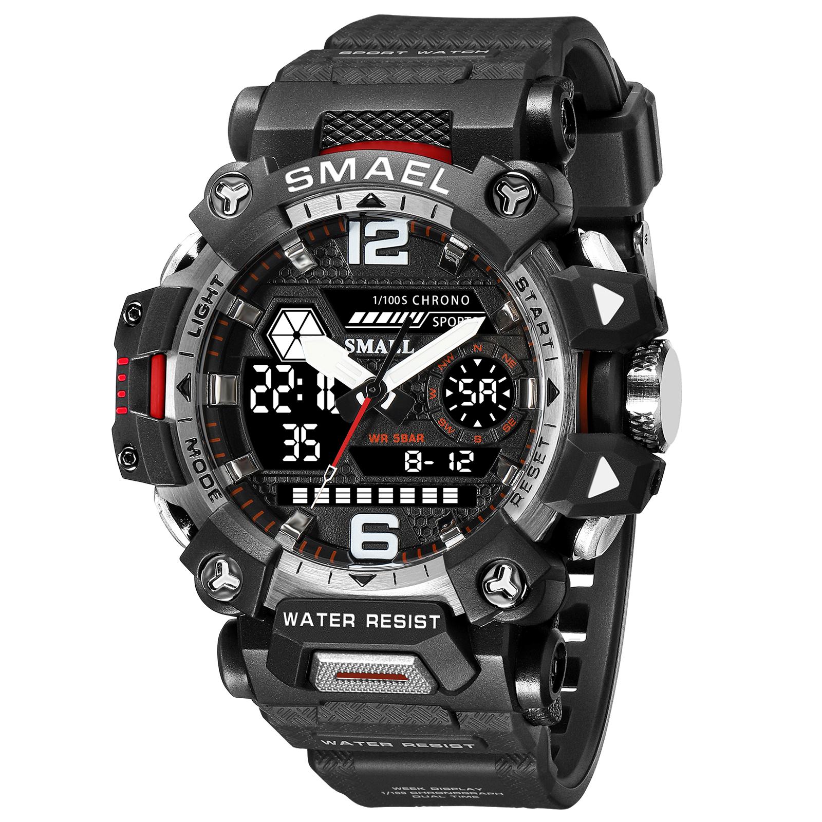 SMAEL Männer Uhren 50 m Wasserdichte Sport Uhr Militär Mann Sport Uhr Digital 8072 Dual Display Uhr Quarz Led Digital schwarz/silber