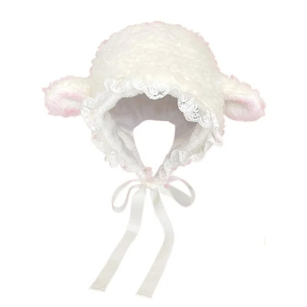 Y2K Lammwolle Mützen Bänder Ohrenschutz Mütze Pullover Mütze Schafsohr Plüschmütze Mädchen weiß