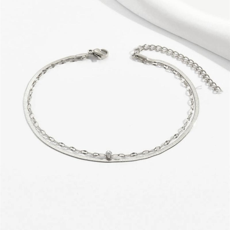 Schlichtes, modisches Fußkettchen-Set mit Schlangenkette und mehreren Schichten in Gold, 2 Sets Fußkettchen für Damen silber