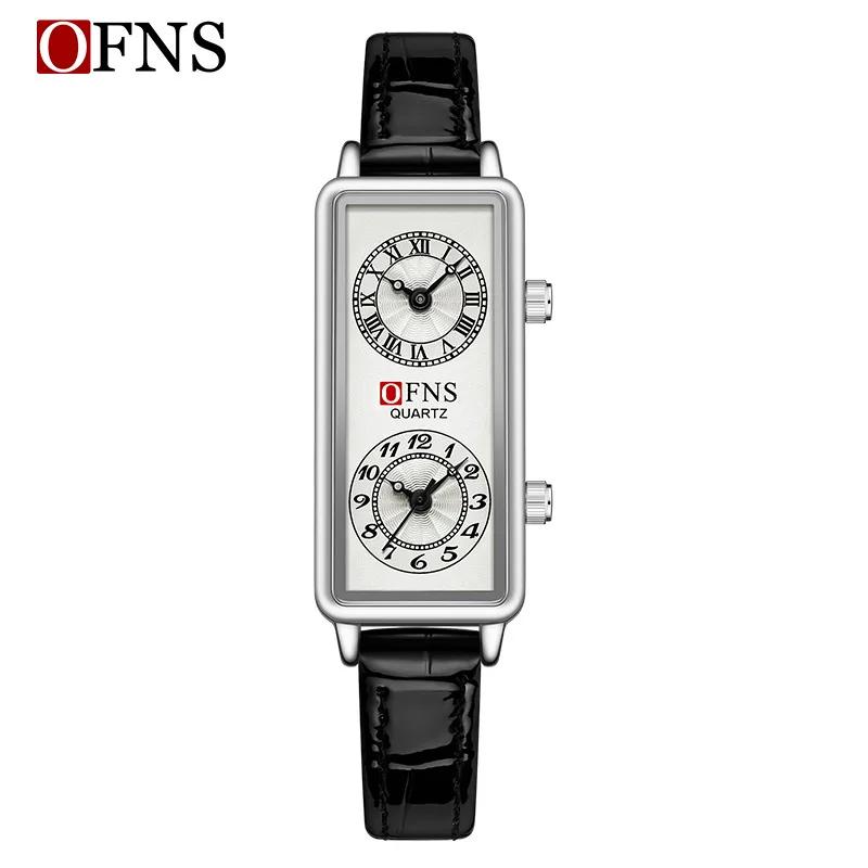 Dual Movement Uhr Damen Quarz Armbanduhr Luxus Damen 2 Zeitzonen Uhr Edelstahl Schwarzes Leder Uhr BELT schwarz/silber