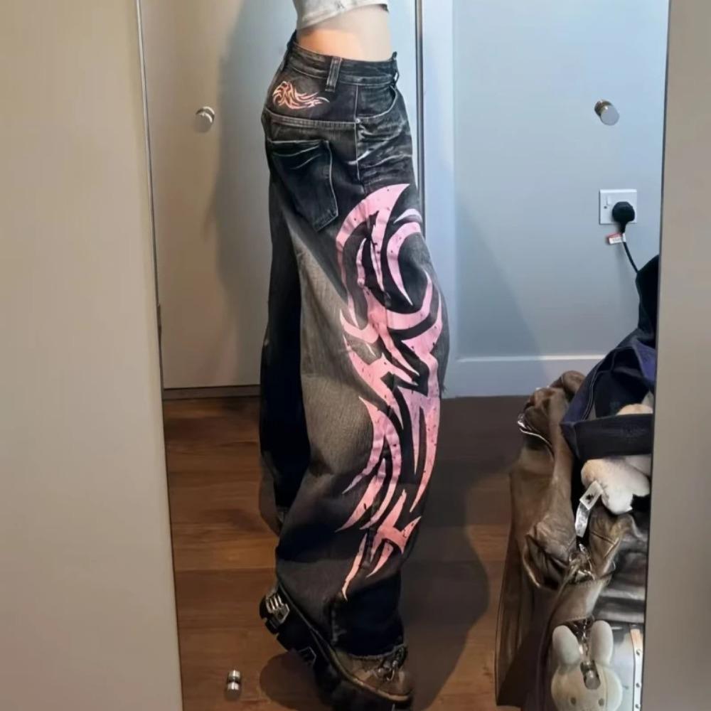 ZYLLO Y2K American Vintage Gesprenkelte Totem-Print Baggy Jeans Damen High Waist Wide Leg Jeans Damen Harajuku Trendy Hip-Hop Jeans S