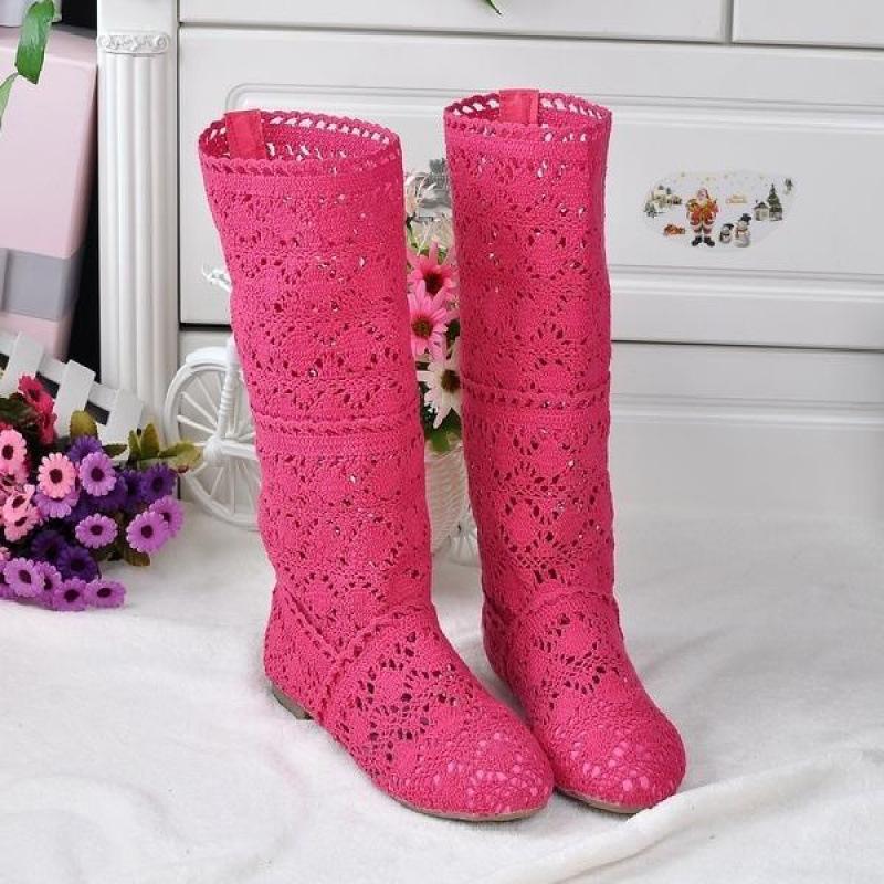 2025 neue Frühling Spitze hohl Martin Stiefel Einzelstiefel flache hohe Stiefel Netzstiefel coole Stiefel Lochschuhe Damenstiefel single layer rose rot