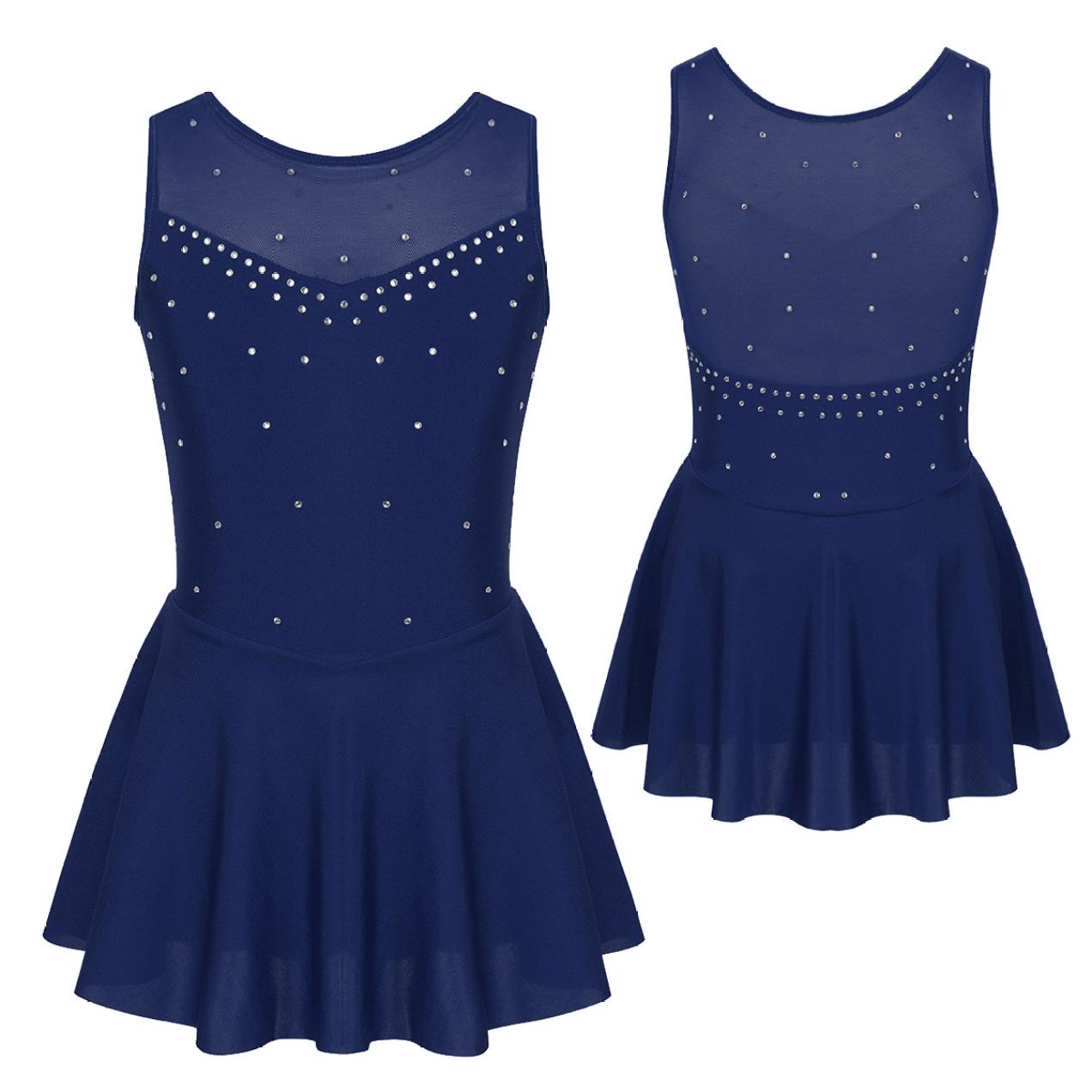 Ärmelloses Ballett-Tanz-Trikot-Kleid, weiches glitzerndes Strass-Tüll hinten, Eiskunstlauf-Gymnastik-Kostüme, Tutu-Rock 13-14 Years navy blau