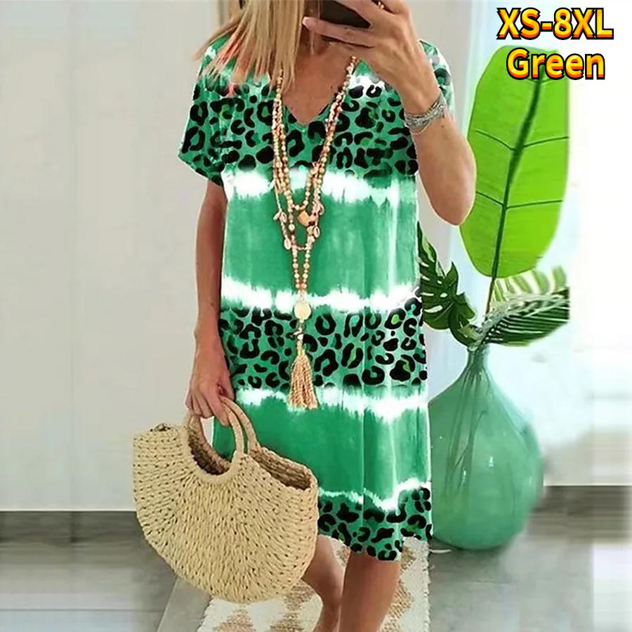 Sommer Mode V-ausschnitt Kleid Damen Kurzarm Blau Leopard Print Gedruckt Kleid Lose Casual Kleid für Frauen 3XL grün
