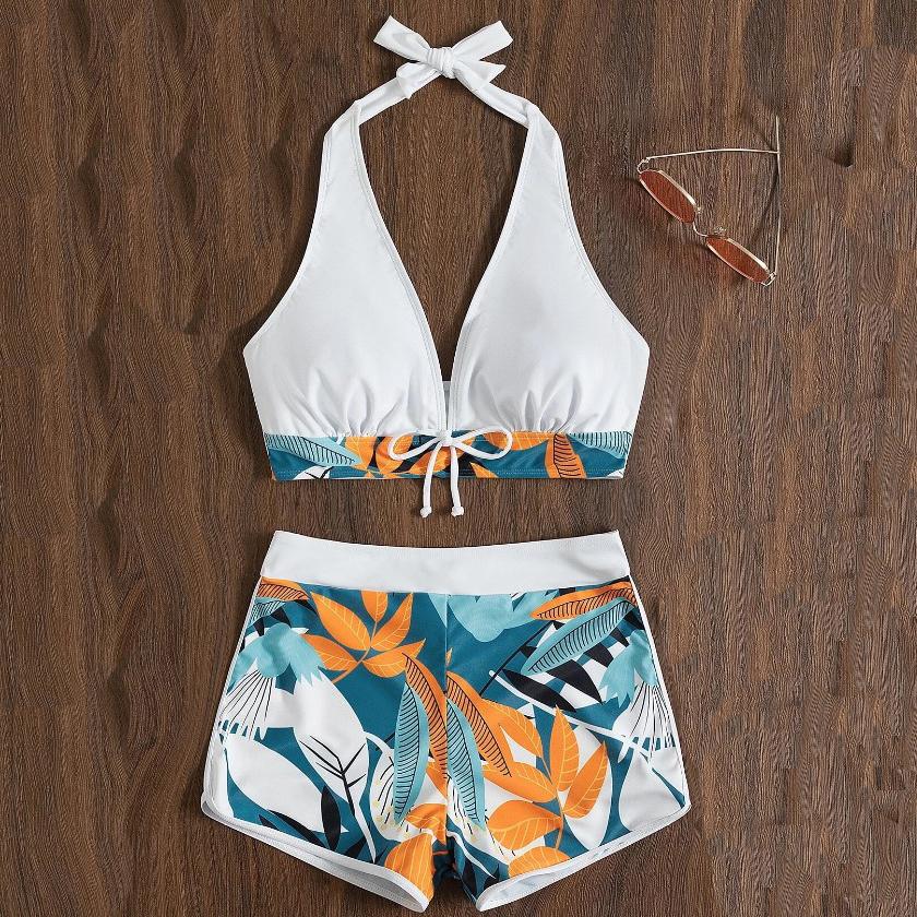 Sexy Bikinis Frauen Sommer Zwei Stück Drucken Badeanzug Weibliche Push-Up Halter Geraffte Wrap Vorne Hohe Taille Badeanzug XL weiß