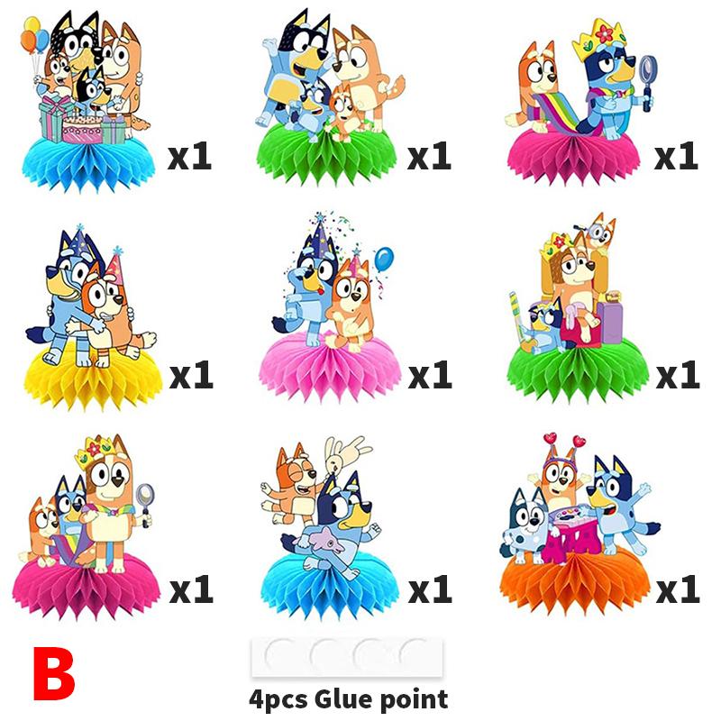 Bluey Bingo Thema Anime Figuren Dekorationen Kindergeburtstag Feier Party Schreibtisch Wabenornamente
