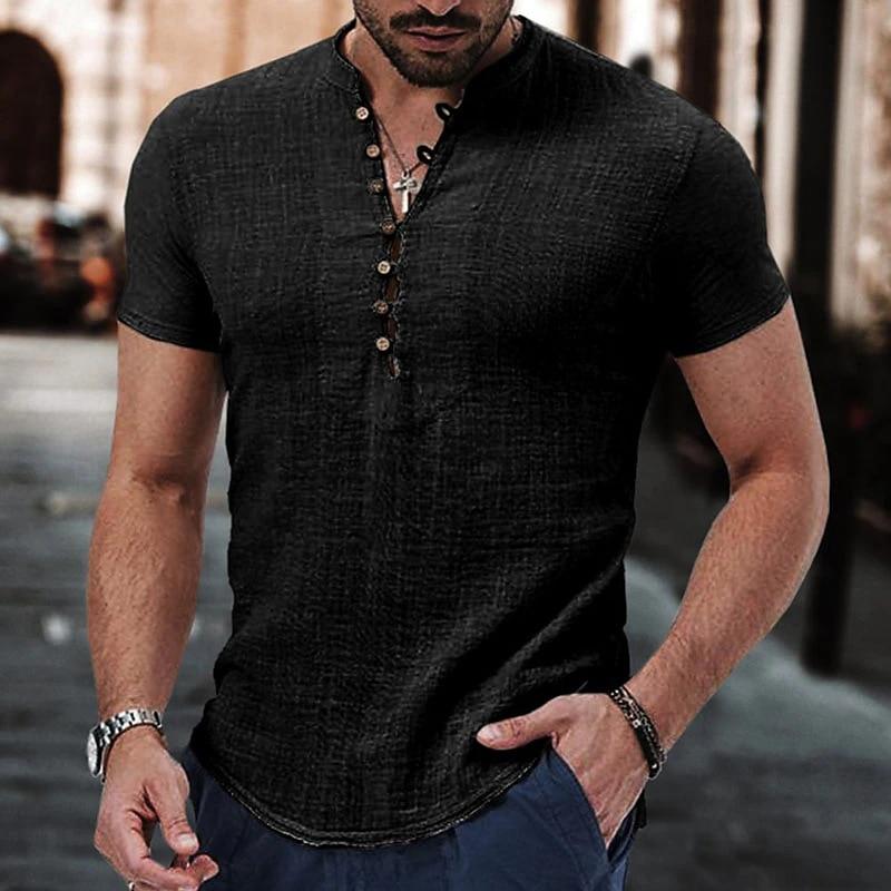 Neues Herren Kurzarm T-Shirt Knopf Baumwolle Leinenhemd Herren Freizeitkleidung Beliebte Oberteile für Herren US XXXL schwarz
