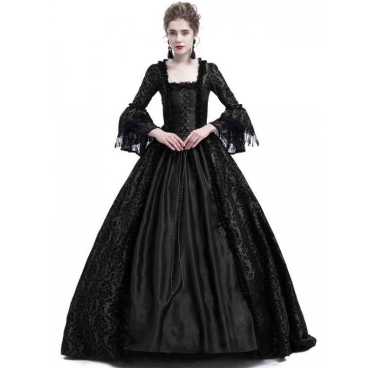 Mittelalterlicher Palast Prinzessin Cosplay Kleid Erwachsene Vintage Abendkleid Frauen Spitze Renaissance Party Halloween XL schwarz