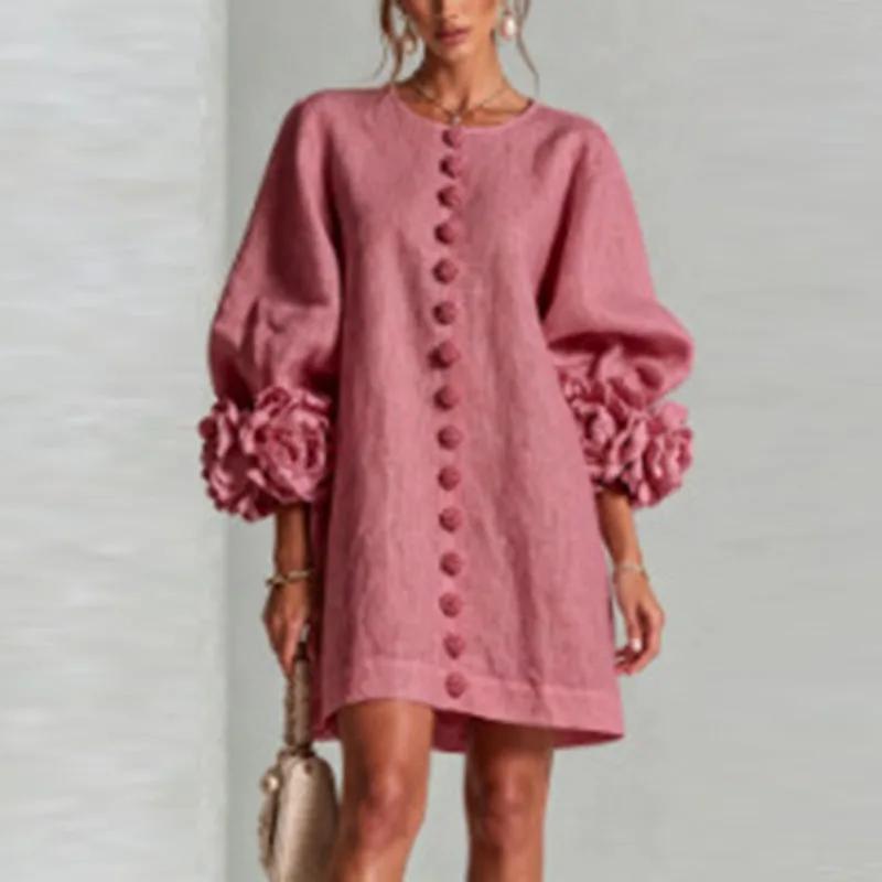 Damen Lockeres Minikleid Rundhalsausschnitt Puffärmel Langarm 3D Blumenmanschette Dekorativer Knopf Vorne Freizeit Leinenoptik Damen Kurze Kleider XXL dunkel rosa