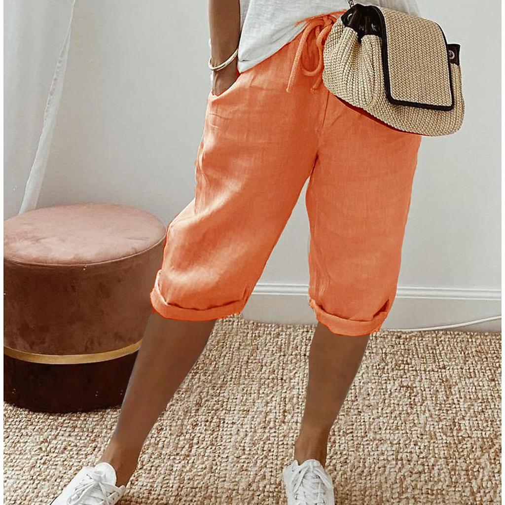 Damen-Shorts im Vintage-Stil, knielange Hose mit Taschen für Damen, atmungsaktive Hose mit elastischer Taille, einfarbig, fünf Hosen XL orange