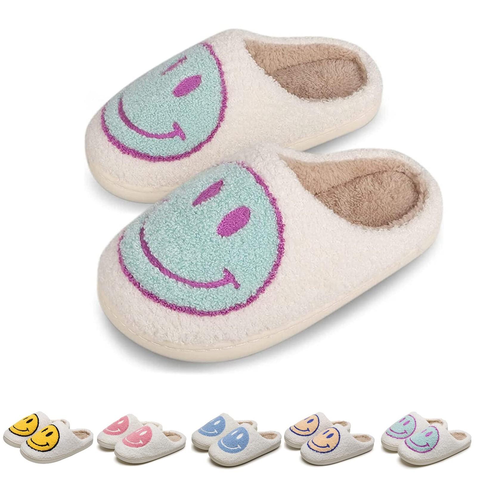 Gesichts-Hausschuhe für Kinder, Happy Face Hausschuhe, weicher Plüsch, warme Hausschuhe, rutschfeste Winter-Hausschuhe für Jungen und Mädchen 42 hellblaue