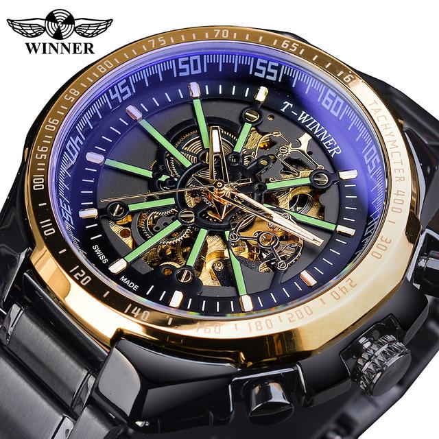 Winner Blue Light Glass Neue Mode Herrenuhren Schwarz Golden Edelstahl Wasserdicht Sport Automatikuhr Leuchtende Uhr