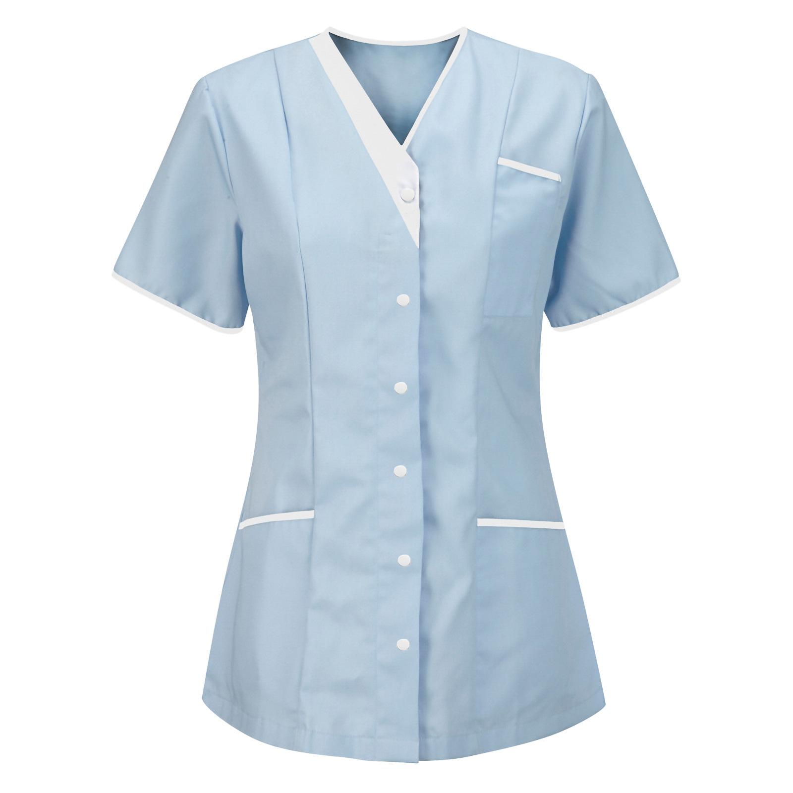 Damen Uniform Schnelltrocknendes Gewebe Einfarbig V-Ausschnitt Kurzärmlige Uniform XL hellblaue