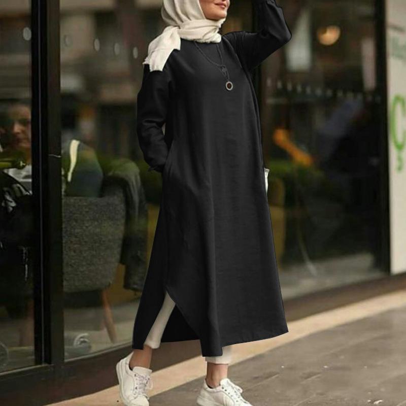 Muslimische Kleidung, Damenkleider, einfarbig, langärmeliges Hemdkleid, lässige Taschenrobe, Musulman Dubai, muslimischer Kaftan, muslimische Kleider, Übergröße L-5XL XL black