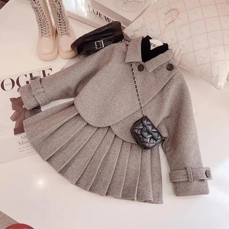 Anzugjacke für Mädchen, zweiteiliges Set aus Kinderkleidung für Prominente, College-Stil, kleiner Duftstil, Herbst- und Winterkleid für Mädchen 120cm khaki