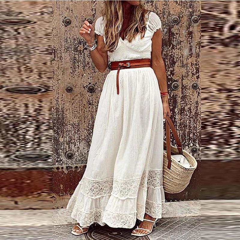 Sommer Frauen Sexy V-ausschnitt Kurzarm Langes Kleid Mode Elegante Stickerei Spitze Party Kleid Büro Dame Schlank Maxi Kleid XL weiß