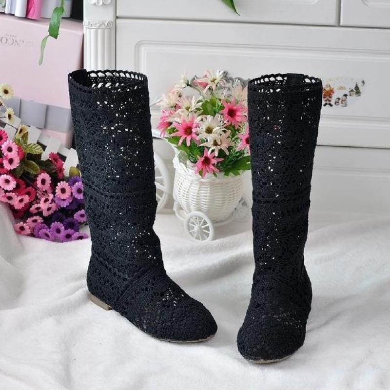 2025 neue Frühling Spitze hohl Martin Stiefel Einzelstiefel flache hohe Stiefel Netzstiefel coole Stiefel Lochschuhe Damenstiefel 37 schwarz