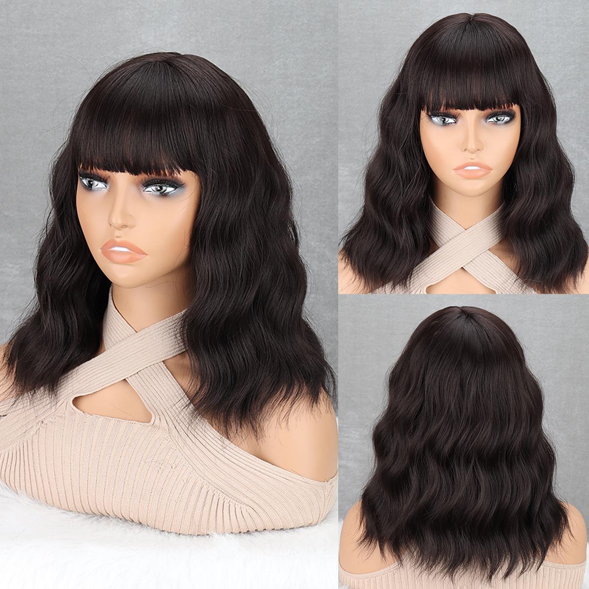 Miss Wig Synthetische, kurze, lockige, gewellte Perücke mit Pony, mittellanges, schulterlanges Haar, Perücke für Frauen 30cm