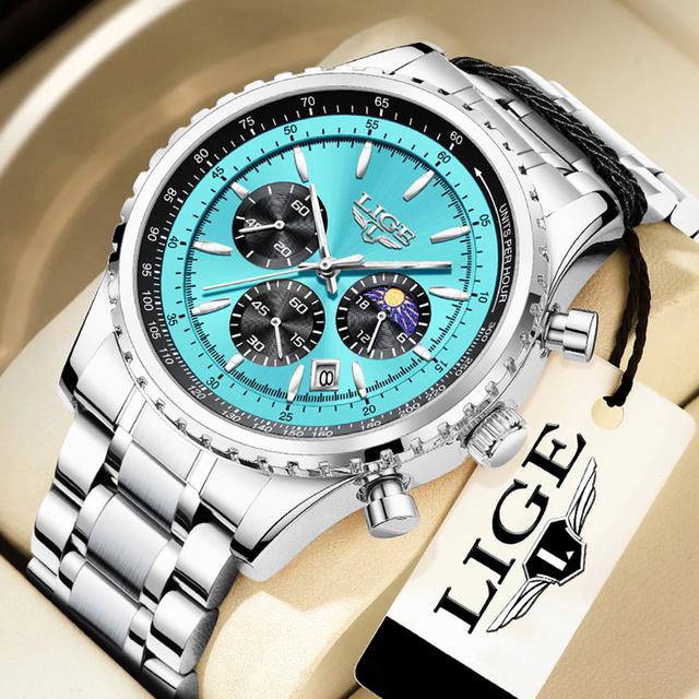 LIGE Neue Herrenuhren Top-marke Luxus Männer Armbanduhr Leder Quarzuhr Sport Wasserdicht Datum Chronograph hellblaue/silber