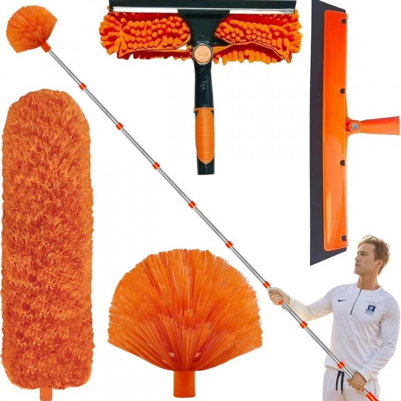 Teleskop-Staubwedel 6m, Teleskop-Wolfskopf mit verstellbarer Verlängerung 1.5-6m, Teleskop-Wolfskopf Spinnenbürste, Fensterabzieher orange