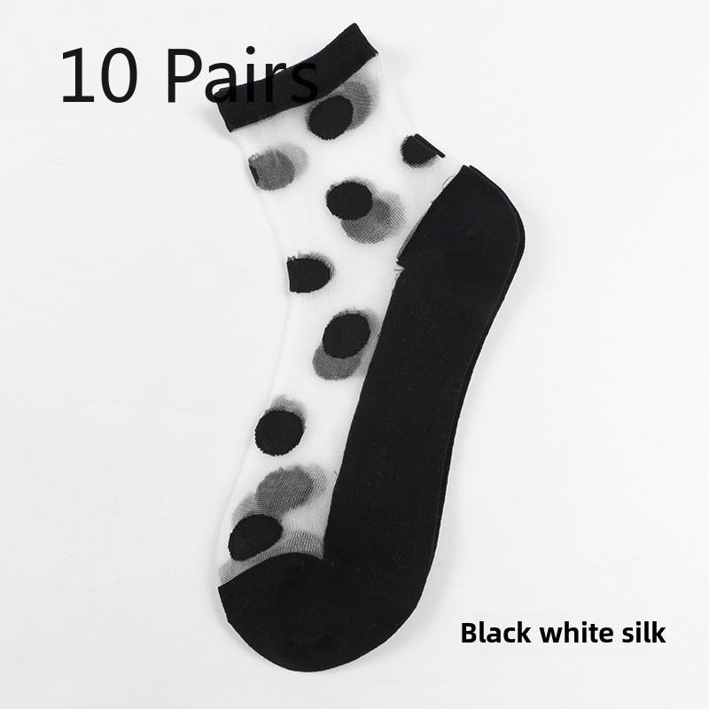 10 Paar Sommer Klare Kristall Seide Damen Socken Große Tupfen Blume Glasseide Damen Socken Kristallseide Damen Socken 10 Pairs weiß/schwarz