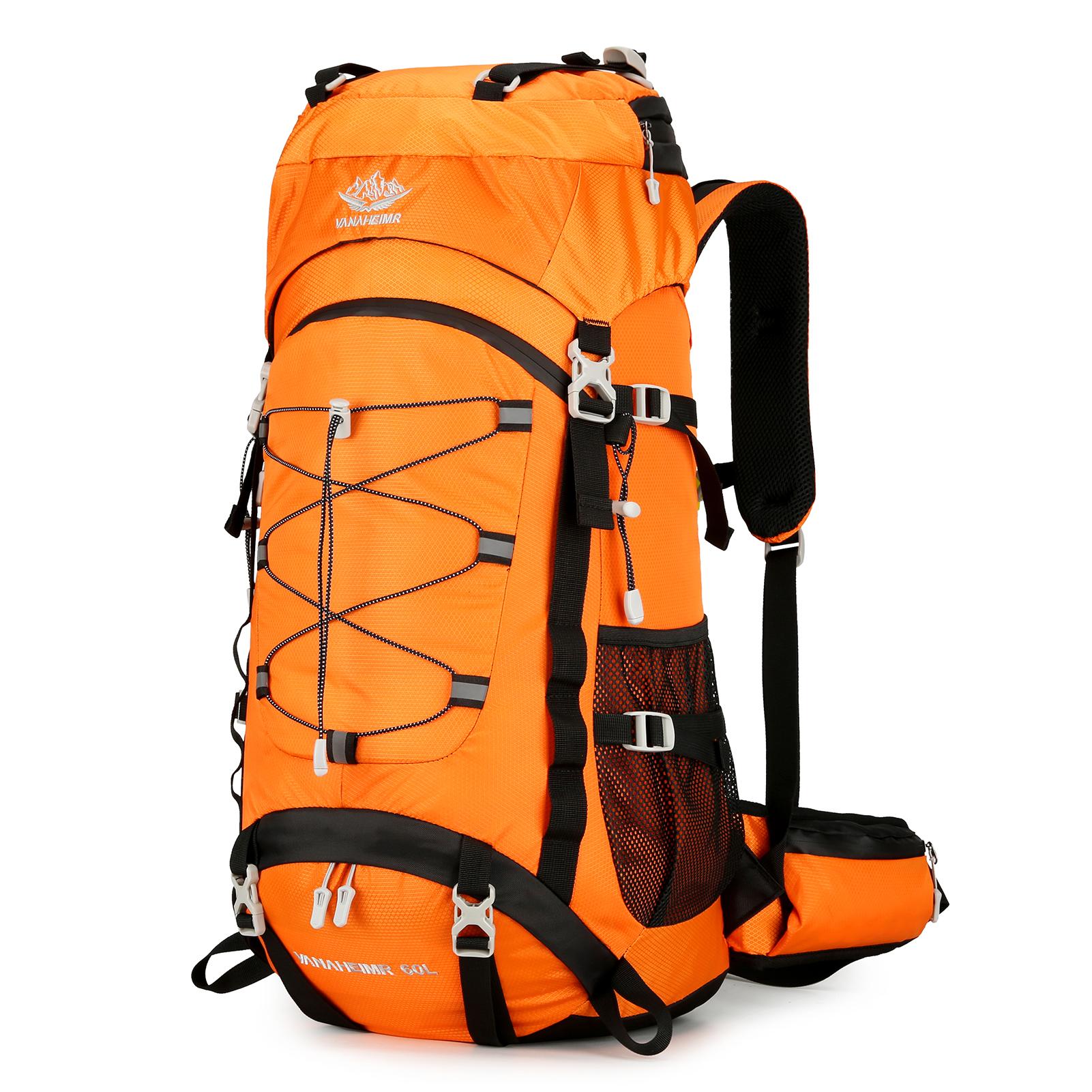 60L großer Camping-Rucksack, wasserdichter Rucksack-Bergsteiger-Rucksack für Wanderreisen orange