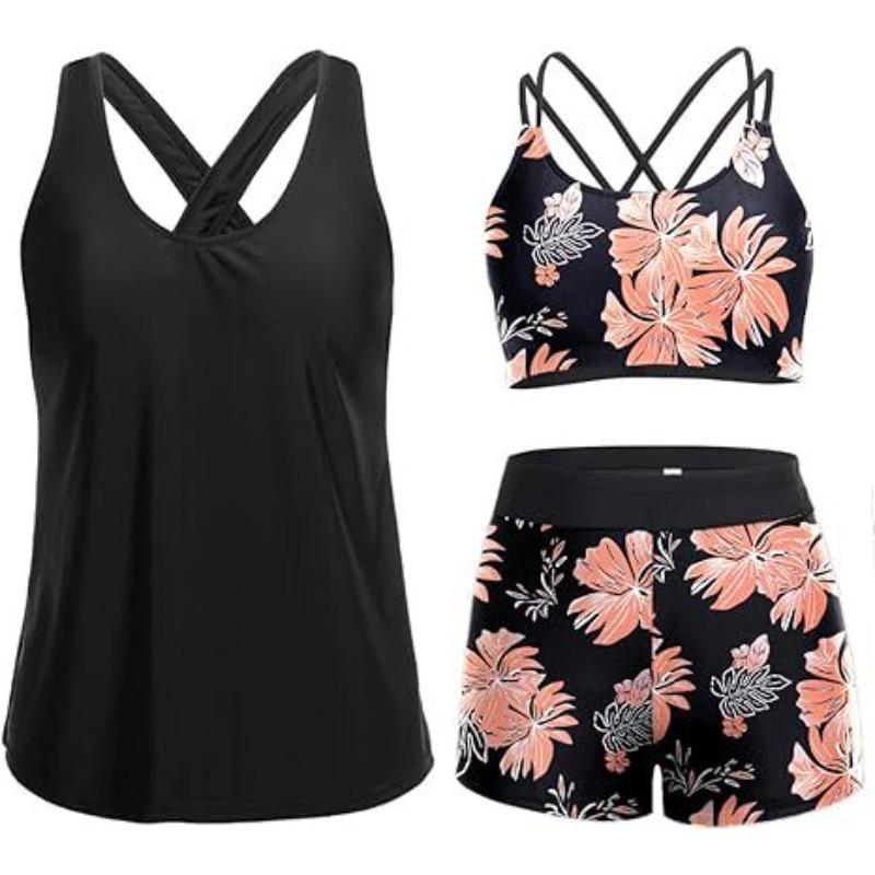 Damen 3-teiliges Tankini-Badeanzug-Set, Sexy Doppel-Schultergurt Bauchkontrolle Badeanzug, Modische Strandbademode XL schwarz
