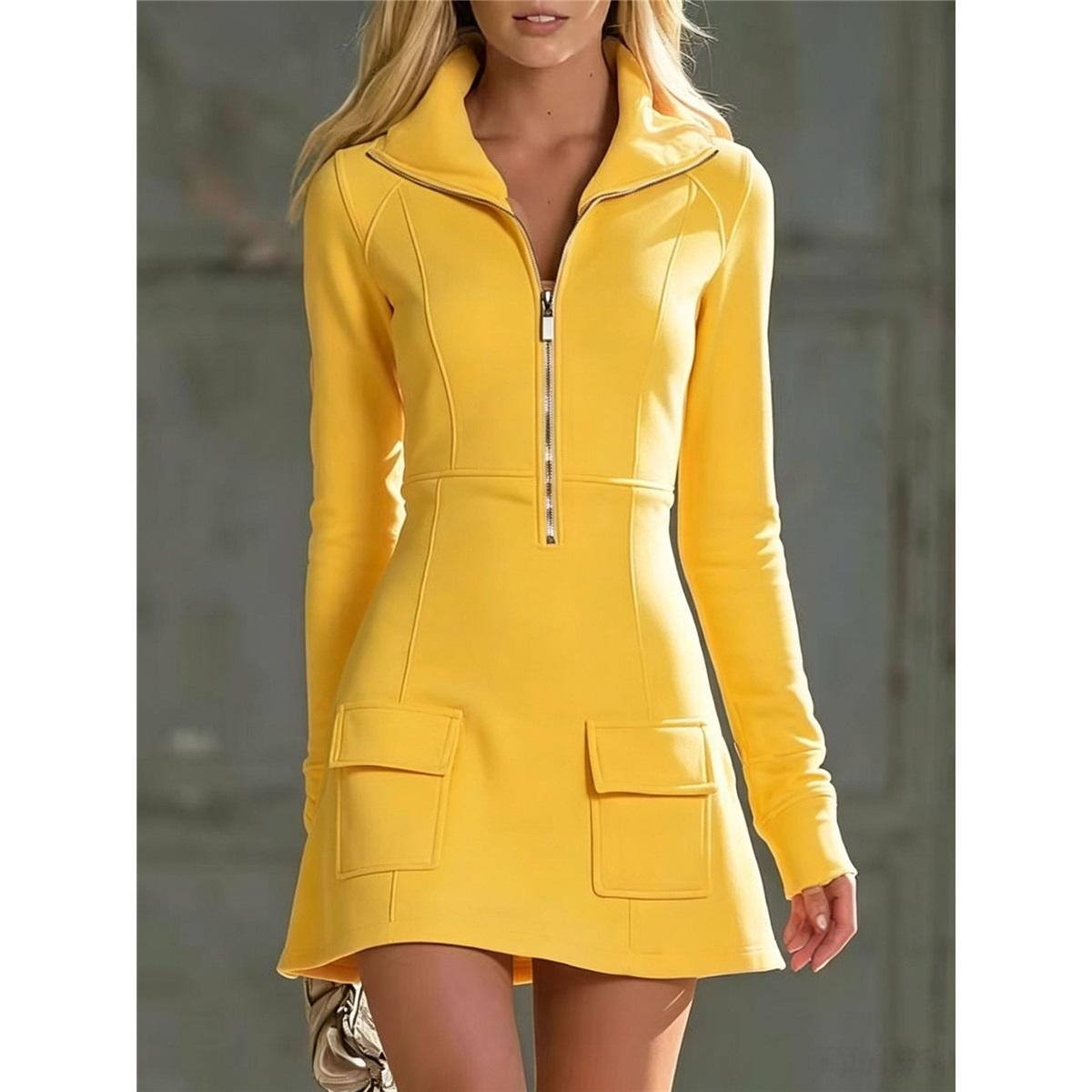 Damen Halbzipper Reverskragen Strick Mini-Kleid Langarm Tasche Bodycon Kurzes Kleid Freizeit Party Damenkleider XXL gelb