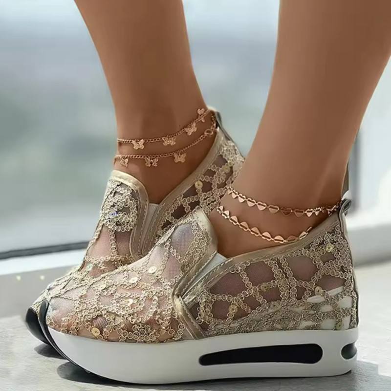 Damen Atmungsaktive Gestrickte Mesh-Sneaker Damen Tennisschuhe Spitz Flachsohlige Einzelne Schuhe Damen-Sneaker Sandalias Planas 37 gold