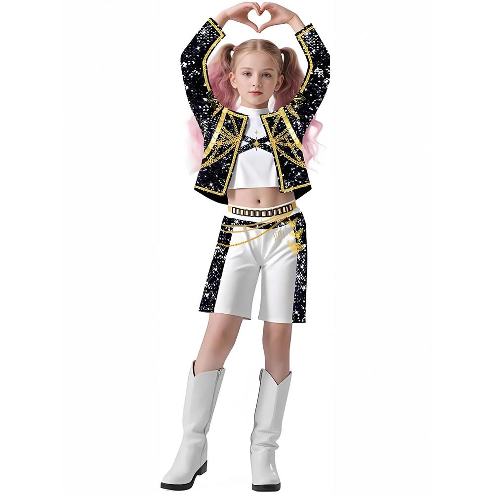 Anime Film Kinder Kpop Dämonenjäger Cosplay Rumi Zoey Mira Cosplay Anzug Kleidung KPop Rumi Zoey Cosplay Kostüm 3D-Druck Kostüm 130cm