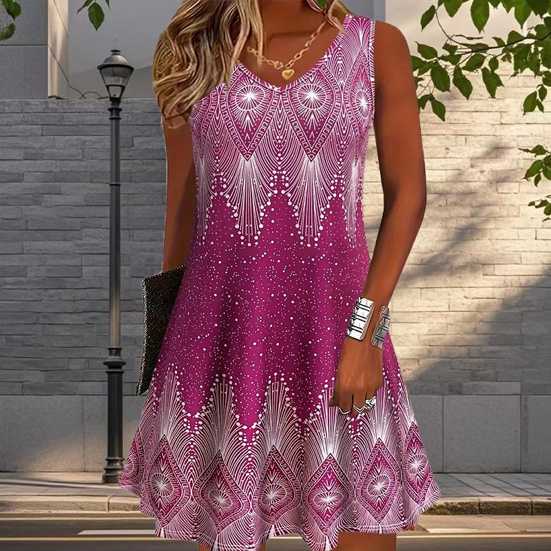 Damen Rosenblumen Fake Zweiteiler Schneeflockenbedrucktes Ärmelloses Rundhalskleid Locker Weich und Bequem Übergröße Kleid 4XL rosa