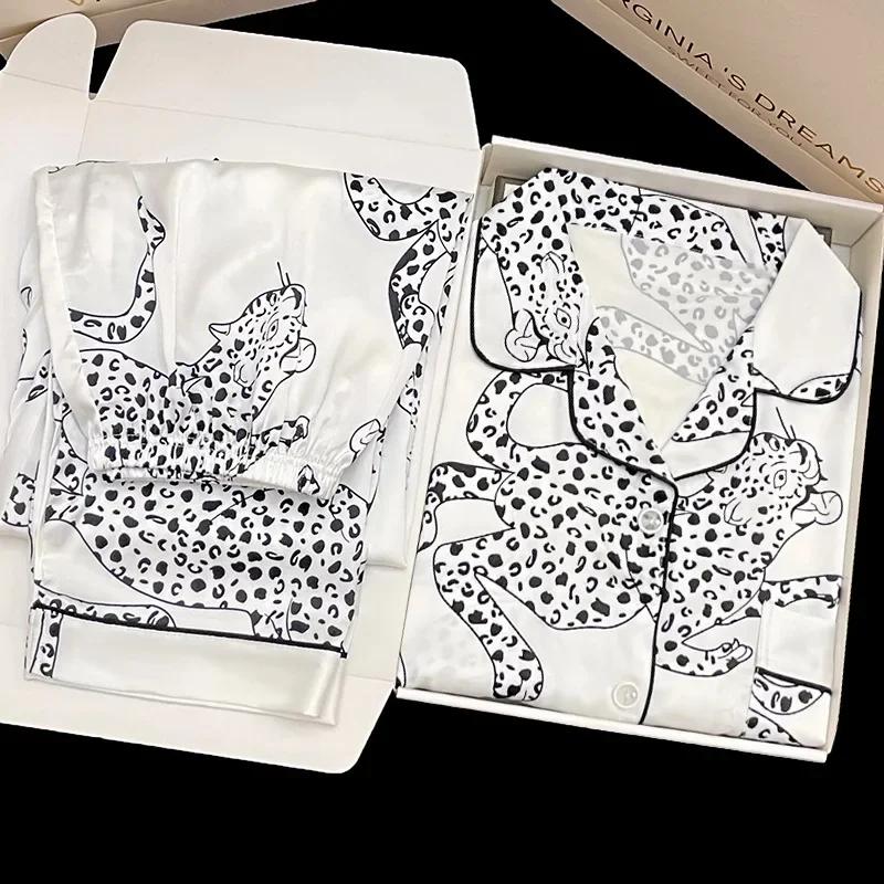 Damen Seidensatin Pyjama Frühling und Sommer Schlicht Schwarz Panther Print Lässig Kurzärmlig Hose Dünner Pyjama Pyjama für Damen 2XL