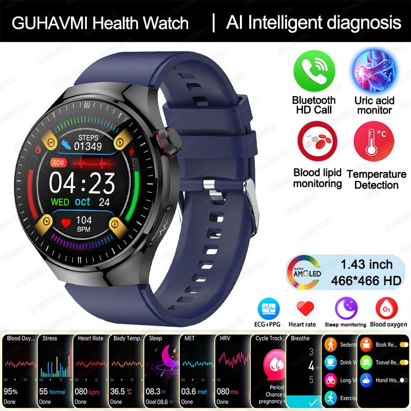2025 Neue Smartwatch in Krankenpflegequalität Blutsauerstoff Blutfett Harnsäure EKG+PPG Körpertemperatur Bluetooth-Anruf Gesundheits-Smartwatch blue-silicone