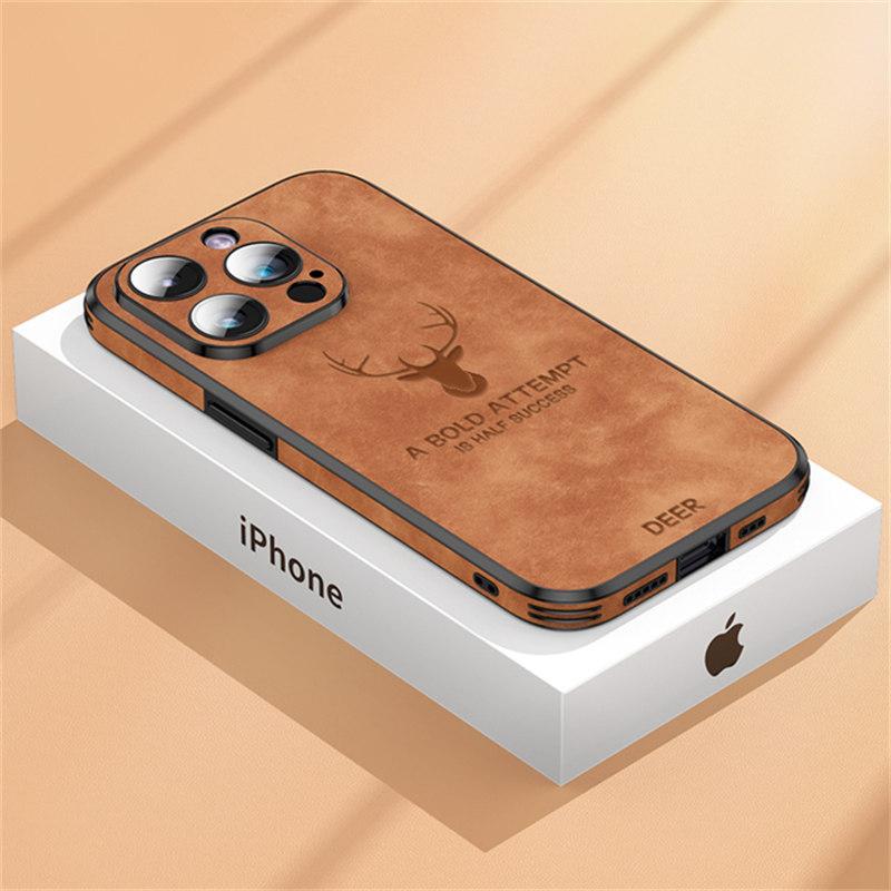 Luxus Hirsch Leder Handyhülle für iPhone 15 14 13 12 11Pro Max XS XR XS Max 7 8Plus Objektiv Glas Stoßstange stoßfeste Silikonhülle iPhone 12 Pro Max braun