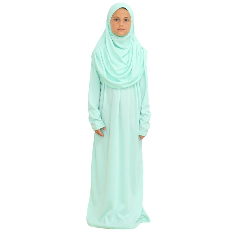 Gebetskleid für Kinder, muslimische Kleidung für Mädchen, langärmelig, Abaya mit Hijab, zweiteiliges Maxi-Islamisches Set, Schal, Kaftan, Jilbab aquamarin