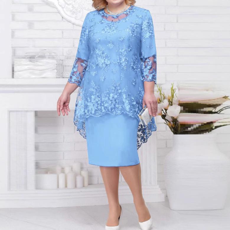 Damen Übergröße Kleid Spitze bestickt Abendkleid zweiteiliges Set 8XL himmelblaue