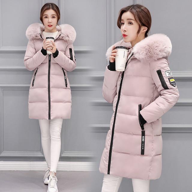 Winter Unten Baumwolle Jacke Frauen Lange Mantel Parkas Verdickung Weibliche Warme Kleidung Kaninchen Pelz Kragen Hohe Qualität Jacke 2XL rosa