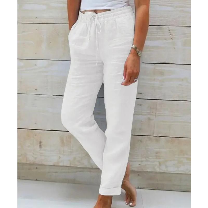 Baumwolle Leinen Sommerhose für Damen Hohe Taille Elastisch Lässige Hose Streetwear Einfarbig Damenkleidung Lockere Bleistifthose M weiß