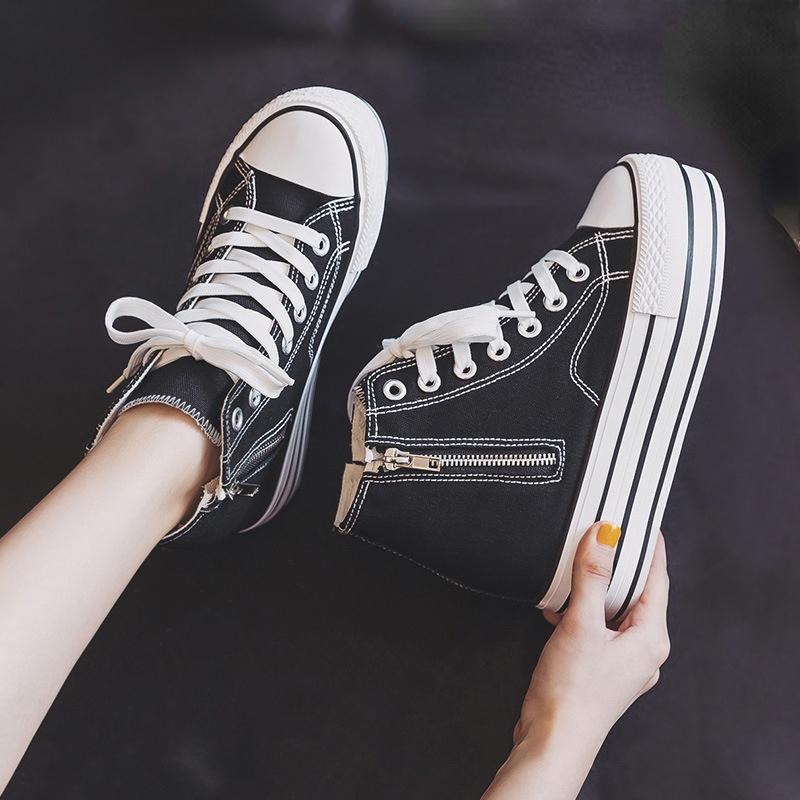 Nside The High Canvas Schuhe Damenschuhe 2024 Frühling und Herbst Neue doppelseitige Reißverschluss-Board-Schuhe Hundert mit dicker Unterseite Muffin-Schuhe 36 schwarz