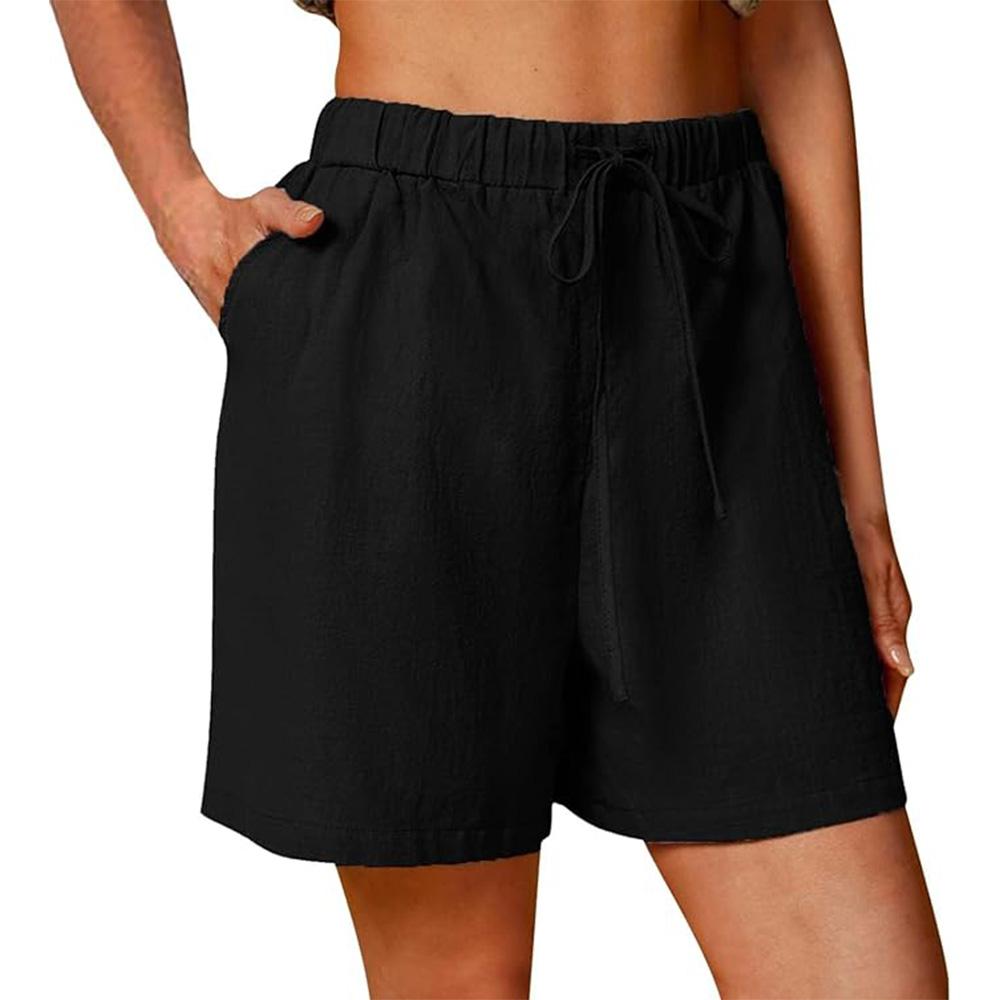 Damen Sommer Casual Shorts Kordelzug Einfarbig Baumwolle Leinen Kurze Hosen Weiblich Lose Gerade Jogging Outdoor Streetwear M schwarz