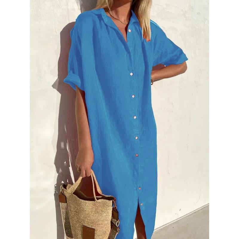 YYFS Damenmode Sommer Frühling Einfarbig Druck Kurzarm POLO-Kragen Lockere Taille Freizeitkleider L pfau blau